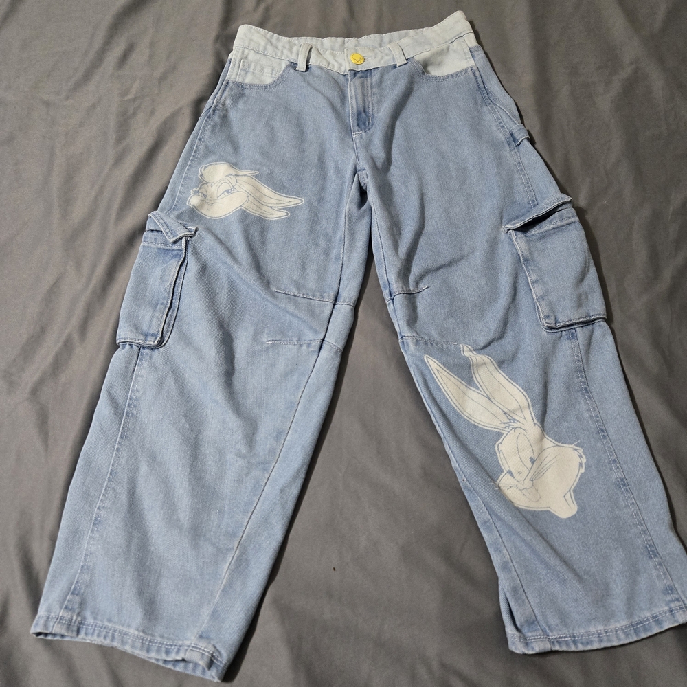 Looney Tunes Girl's Barrel Denim Blue Jeans Size 12 Tweety Bugs Justice Cartoon